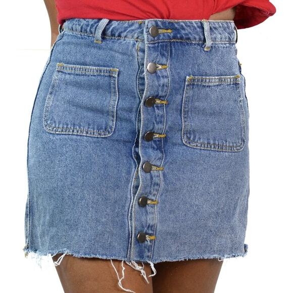 Newbury Kustom Denim Skirt Blue Jean Button Front Mini Rigid Frayed Size Small - Picture 2 of 12
